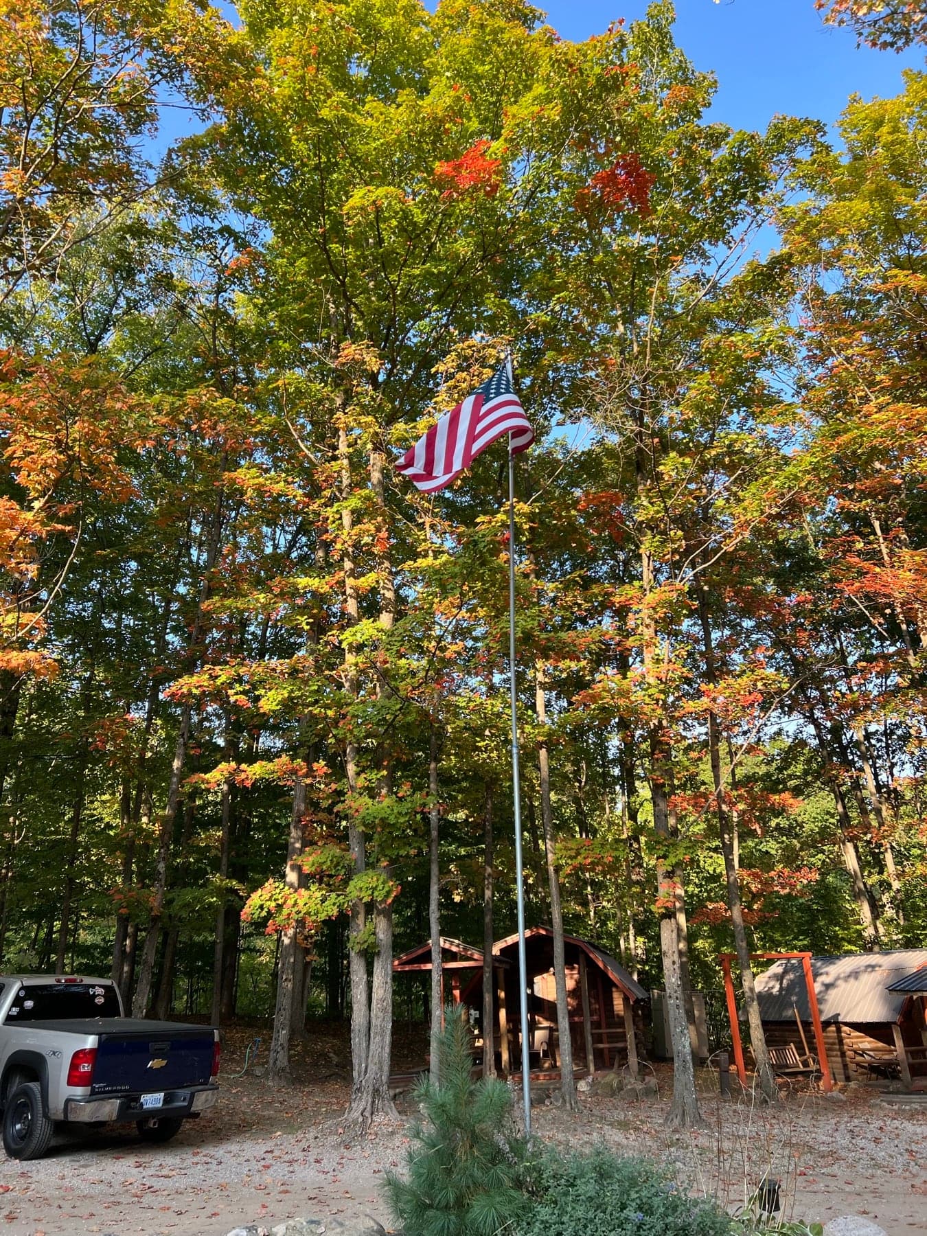 American flag and wooded campground drive at Cadillac Woods