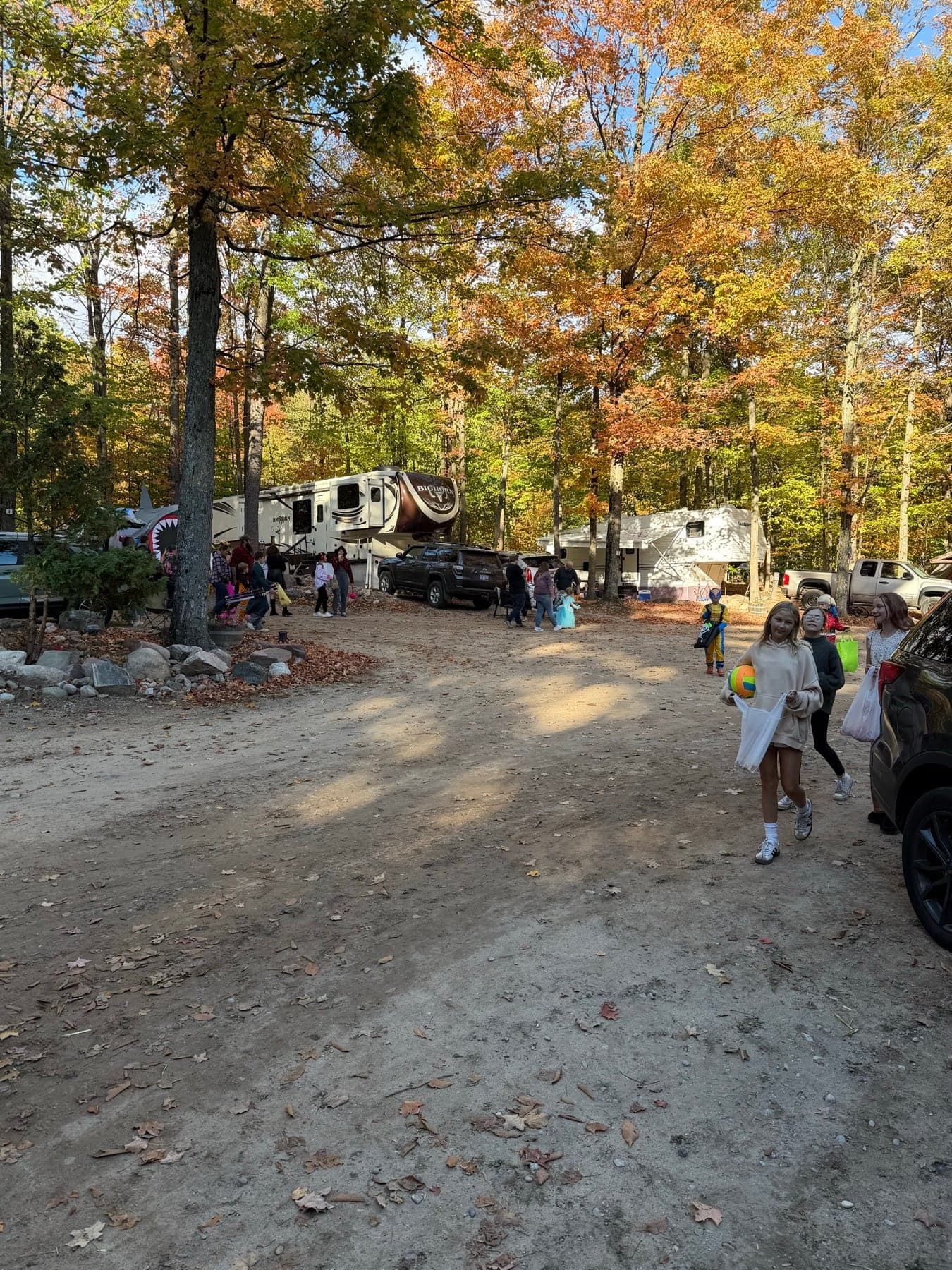 Fall campground road with guests and wooded sites at Cadillac Woods